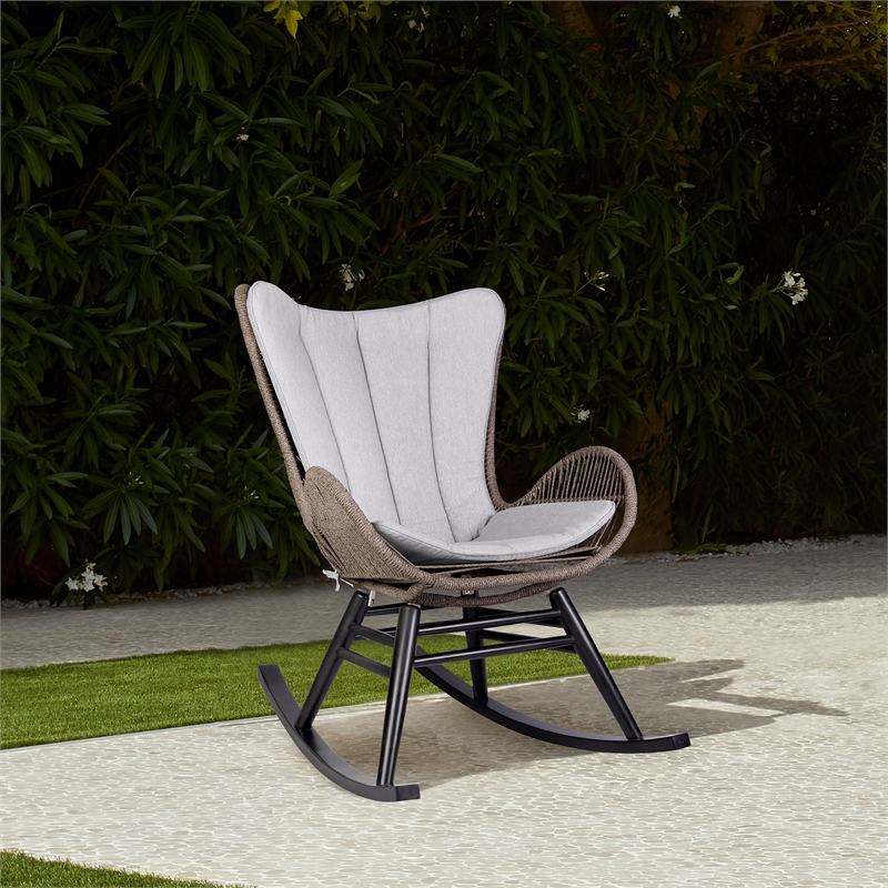 Armen Living Fanny Wood & Rope Outdoor Patio Rocking Chair in Dark Wood/Truffle