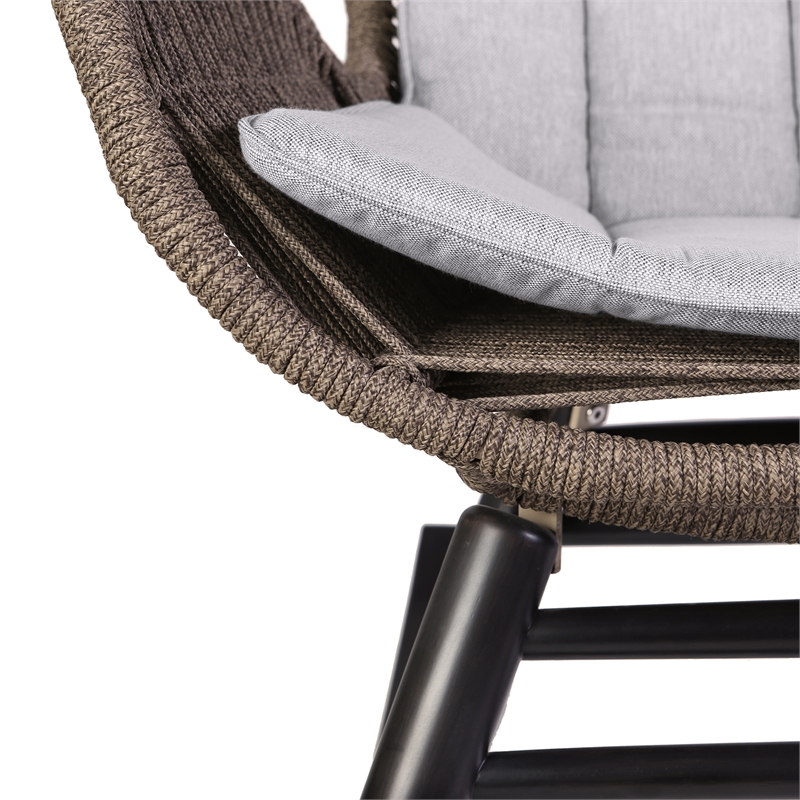 Armen Living Fanny Wood & Rope Outdoor Patio Rocking Chair in Dark Wood/Truffle