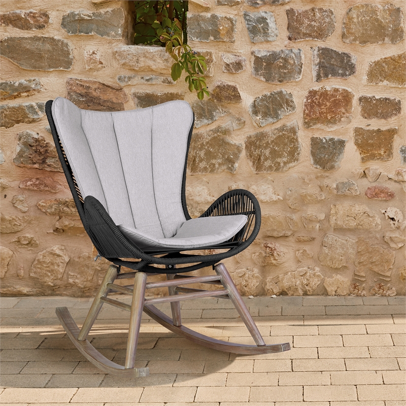 Armen Living Fanny Wood & Rope Outdoor Patio Rocking Chair in Natural/Charcoal