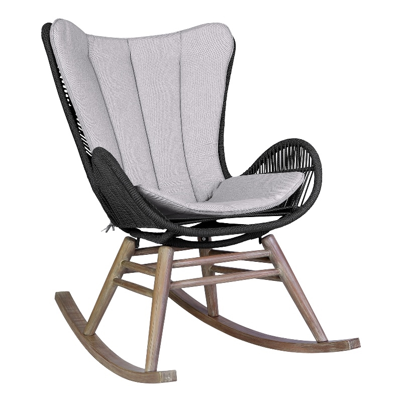 Armen Living Fanny Wood & Rope Outdoor Patio Rocking Chair in Natural/Charcoal