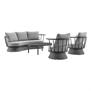monk 4 piece outdoor patio furniture set in blackand grey wicker with grey