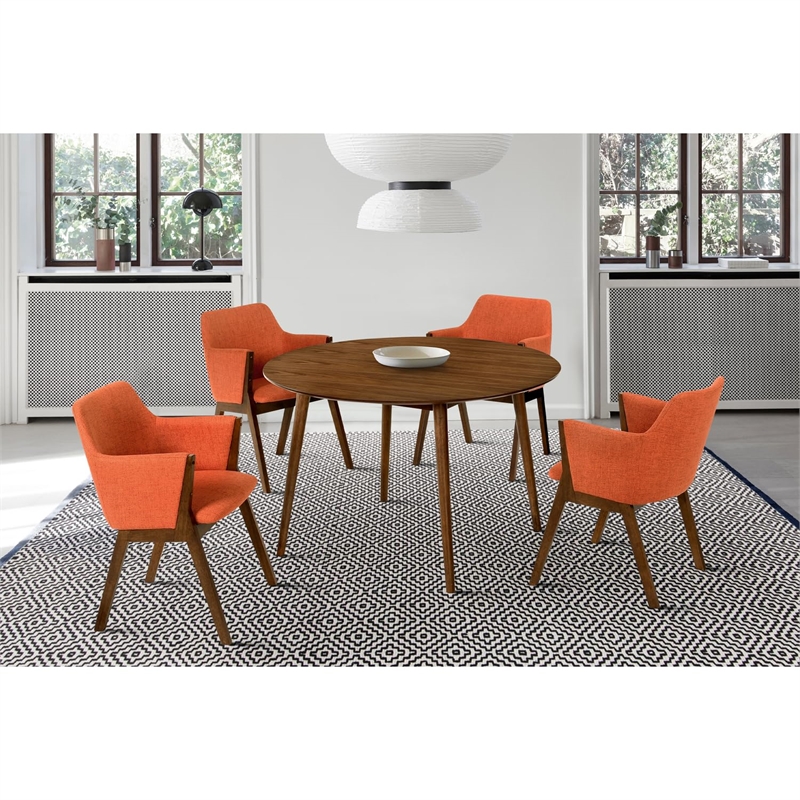 Armen Living Arcadia and Renzo 5-Piece Fabric & Wood Dining Set in Walnut/Orange