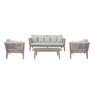 condesa 4 piece outdoor patio furniture set in acacia wood and rope with grey