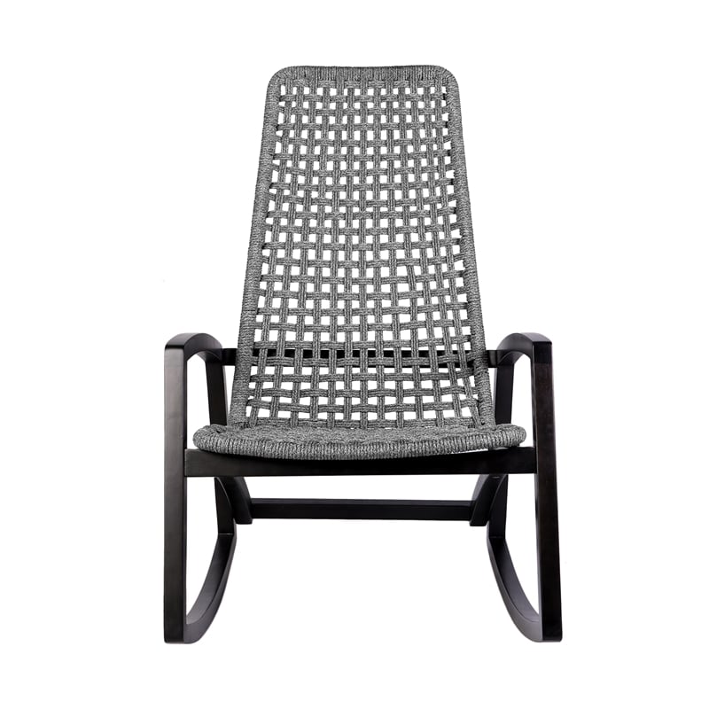 Armen Living Sequoia Wood & Rope Outdoor Patio Rocking Chair in Dark Wood/Gray