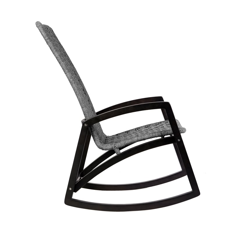 Armen Living Sequoia Wood & Rope Outdoor Patio Rocking Chair in Dark Wood/Gray
