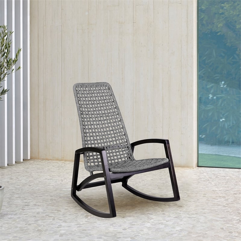 Armen Living Sequoia Wood & Rope Outdoor Patio Rocking Chair in Dark Wood/Gray