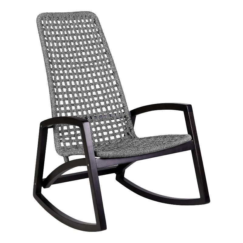Armen Living Sequoia Wood & Rope Outdoor Patio Rocking Chair in Dark Wood/Gray