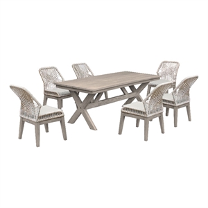 costa outdoor patio 7 piece dining table set in grey wood and rope
