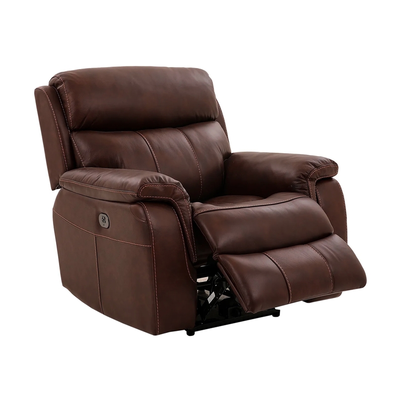 Armen Living Montague Leather Recliner with Power Headrest & Lumbar in Brown
