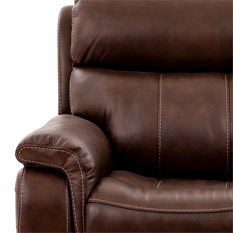 Armen Living Montague Leather Recliner with Power Headrest & Lumbar in Brown