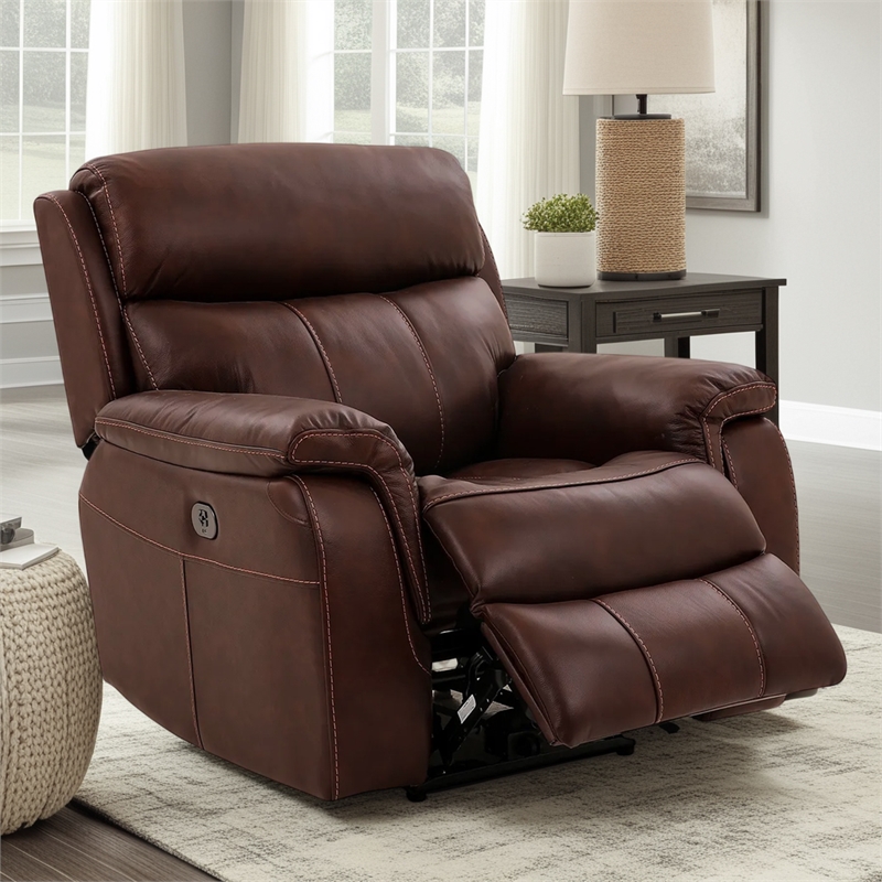 Armen Living Montague Leather Recliner with Power Headrest & Lumbar in Brown