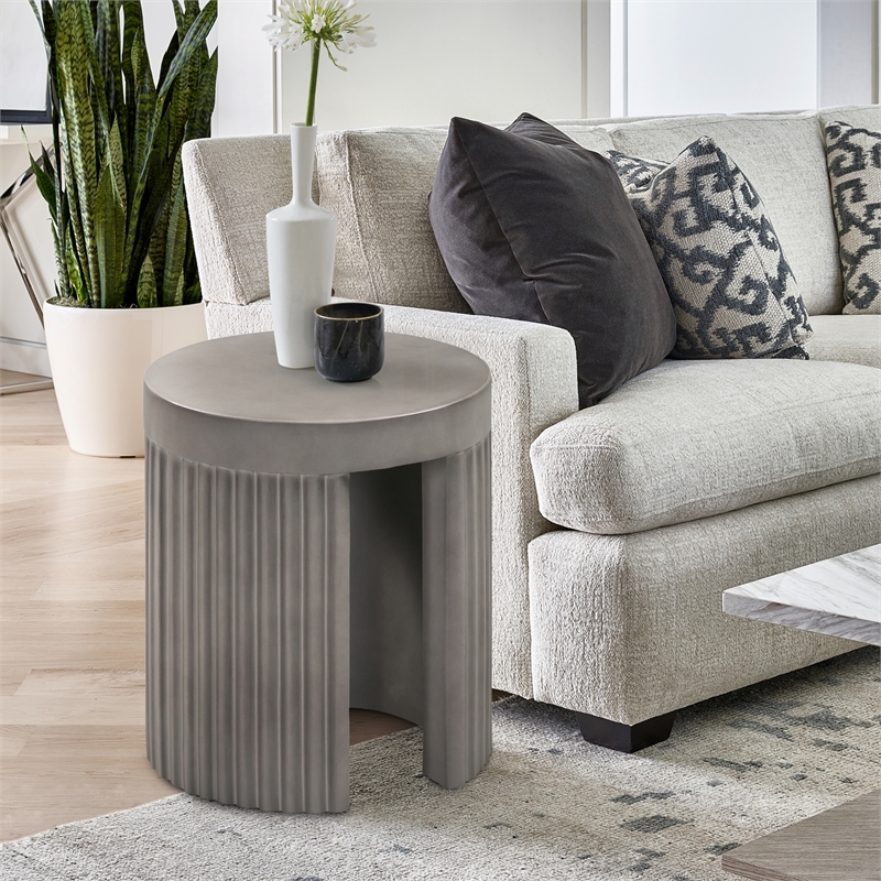 Wave Round Indoor or Outdoor Accent Stool End Table in Gray Concrete