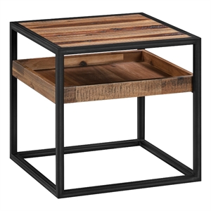 Ludgate Square End Table with Shelf in Acacia and Black Metal