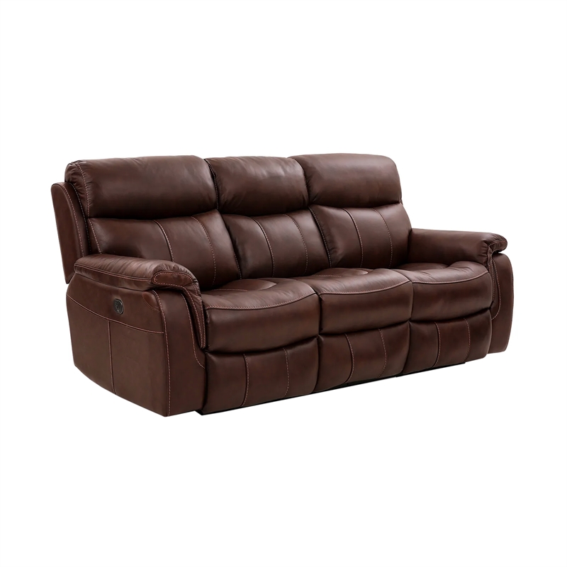 Armen Living Leather Power Headrest & Lumbar Support Reclining Sofa in Brown