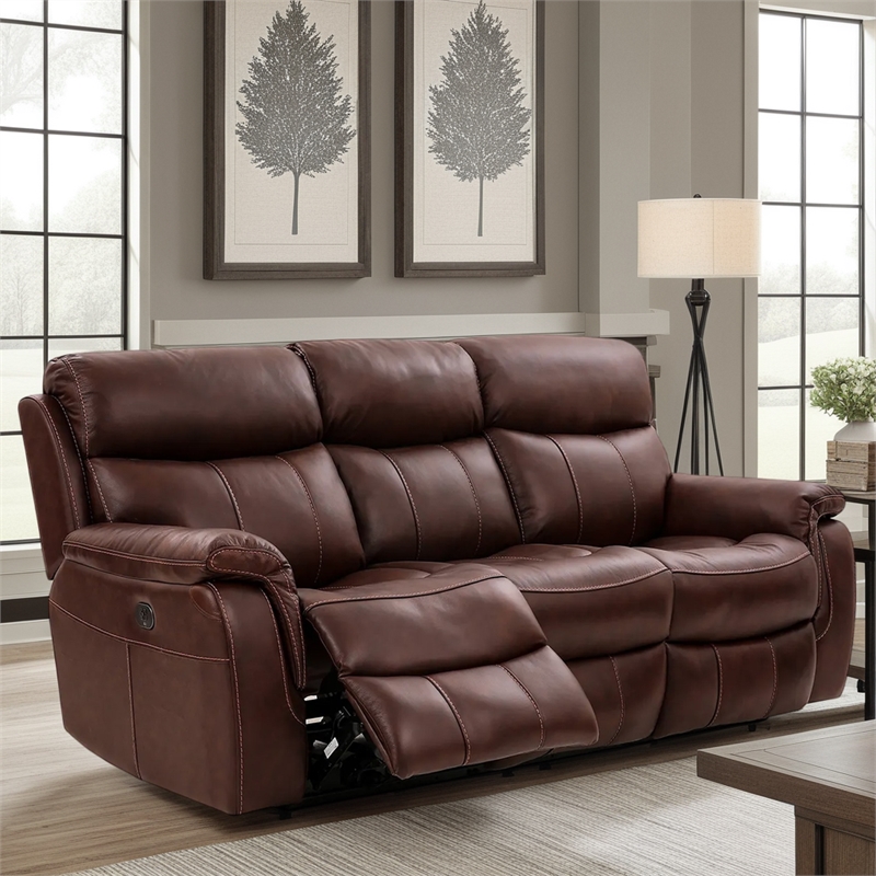 Armen Living Leather Power Headrest & Lumbar Support Reclining Sofa in Brown