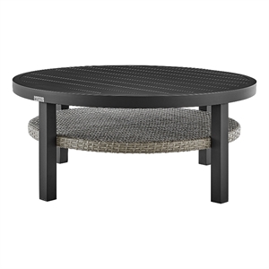 aileen outdoor patio round coffee table in blackwith grey wicker shelf