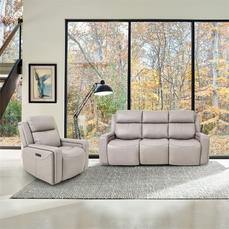 Armen Living Leather Reclining Sofa w/ Power Headrest & Lumbar Support in Gray