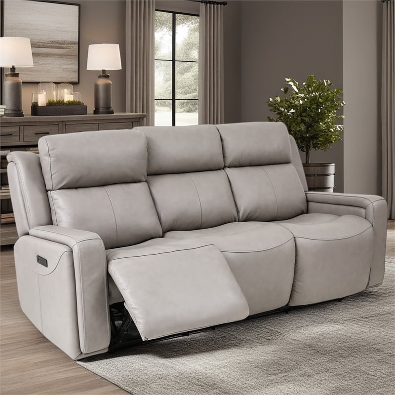 Armen Living Leather Reclining Sofa w/ Power Headrest & Lumbar Support in Gray