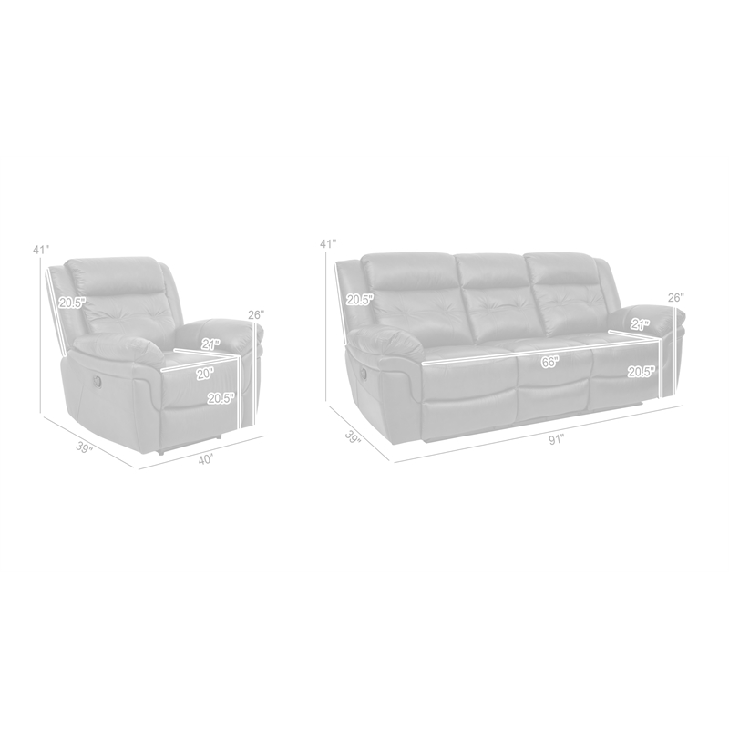 Armen Living Marcel 2-Piece Modern Leather Sofa and Recliner Set in Dark Brown