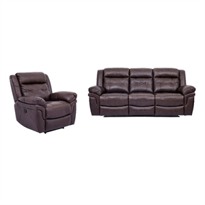 Armen Living Marcel 2-Piece Modern Leather Sofa and Recliner Set in Dark Brown