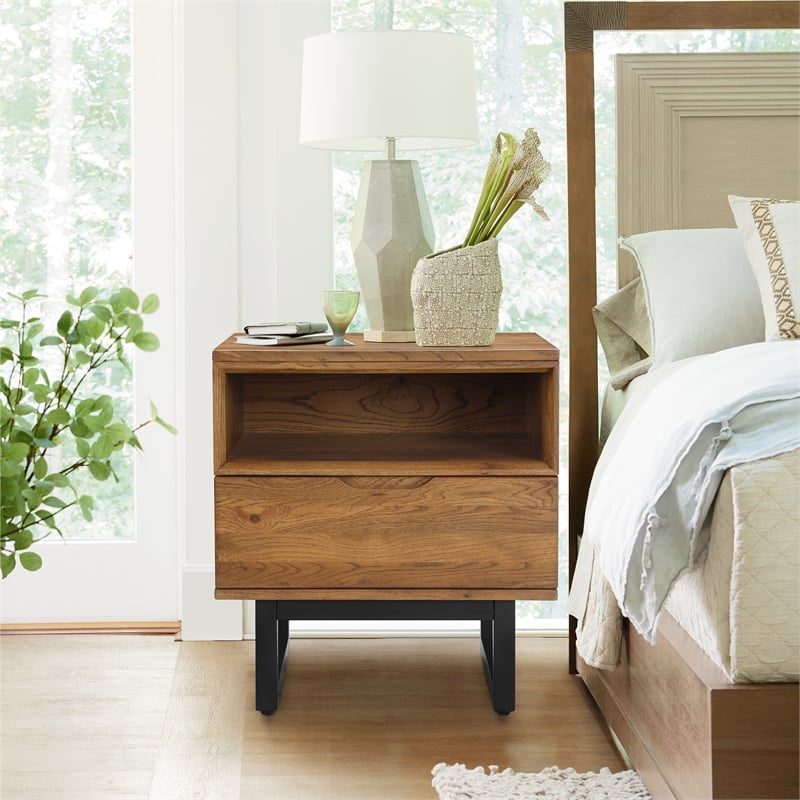Armen Living Aldo 1-Drawer Modern Wood and Metal Nightstand in Brown/Black