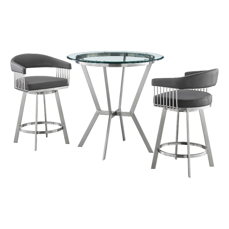 Armen Living Naomi and Chelsea 3-Piece Stainless Steel Dining Set in Gray/Silver