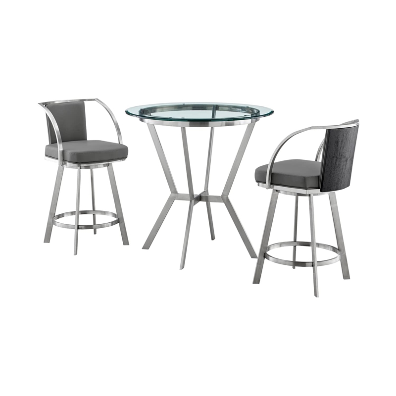 Armen Living Naomi and Livingston 3PC Stainless Steel Dining Set in Gray/Silver