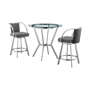 Armen Living Naomi and Livingston 3PC Stainless Steel Dining Set in Gray/Silver