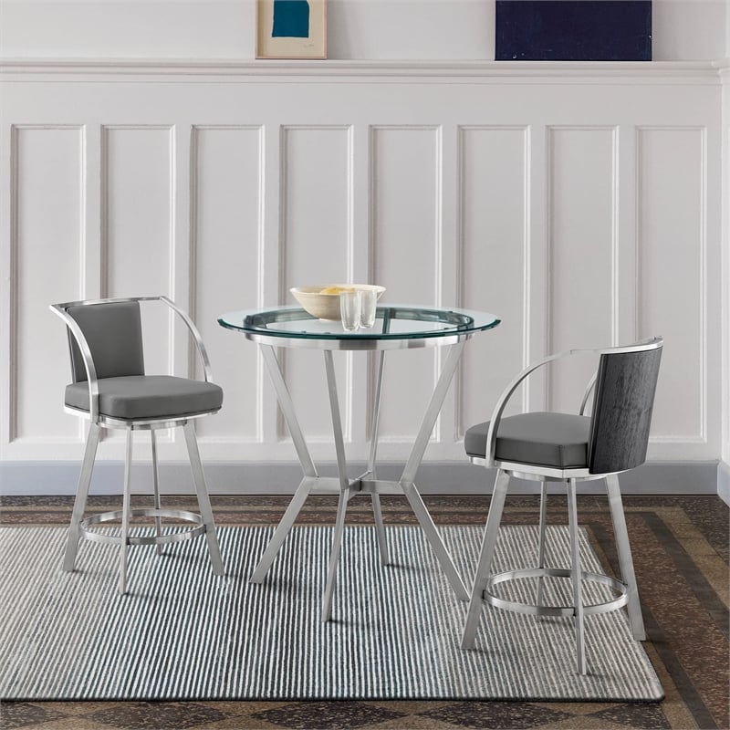 Armen Living Naomi and Livingston 3PC Stainless Steel Dining Set in Gray/Silver