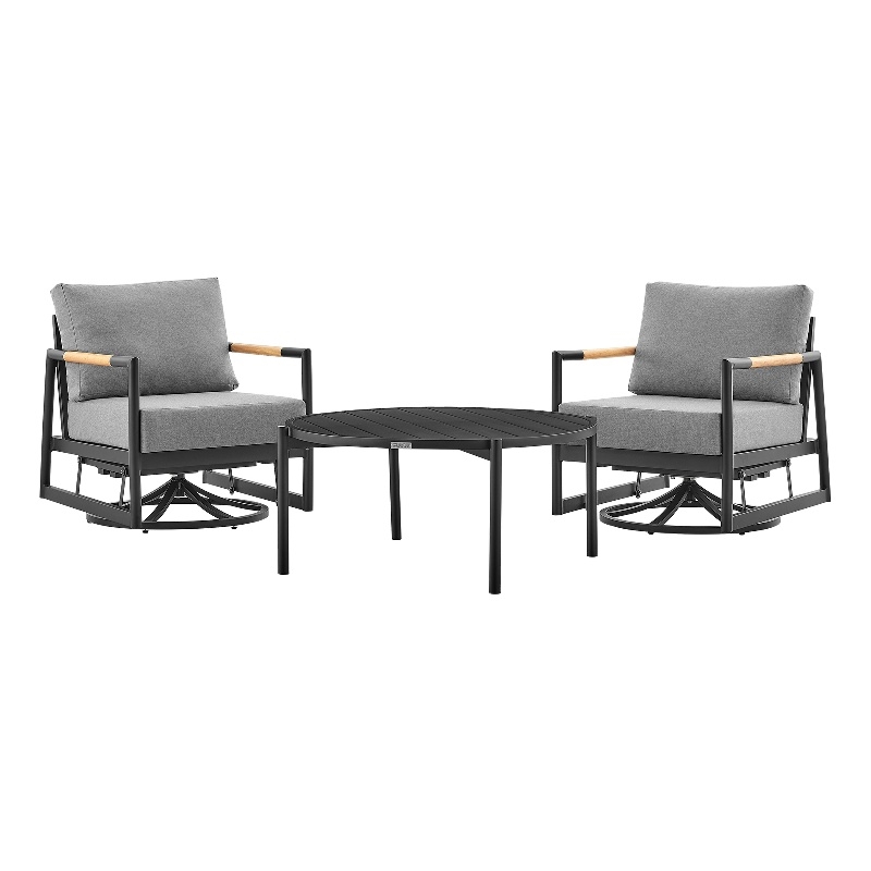 Armen Living Royal 3PC Outdoor Aluminum/Fabric Patio Swivel Set in Black/Gray