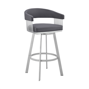 Armen Living Bronson 25&quot Faux Leather Counter Stool in Gray/Stainless Steel