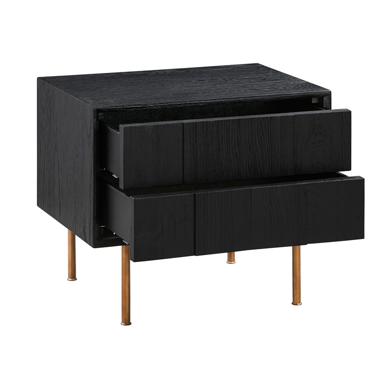 Armen Living Carnaby 2-Drawer Wood Nightstand in Black Brushed Oak and Bronze