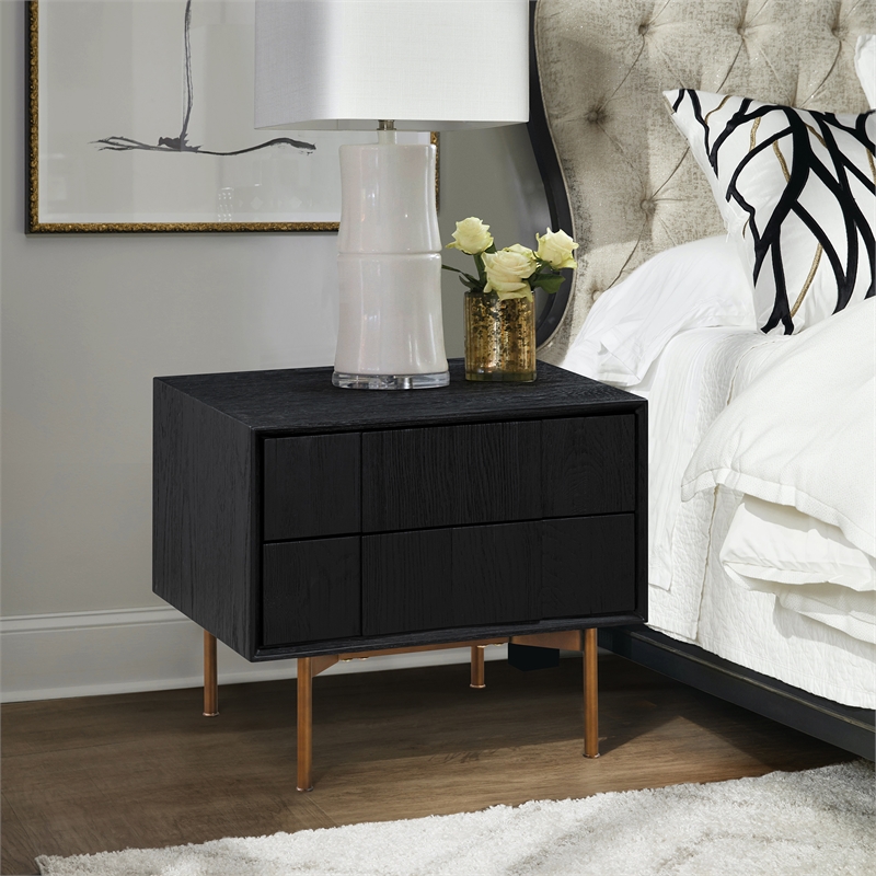 Armen Living Carnaby 2-Drawer Wood Nightstand in Black Brushed Oak and Bronze