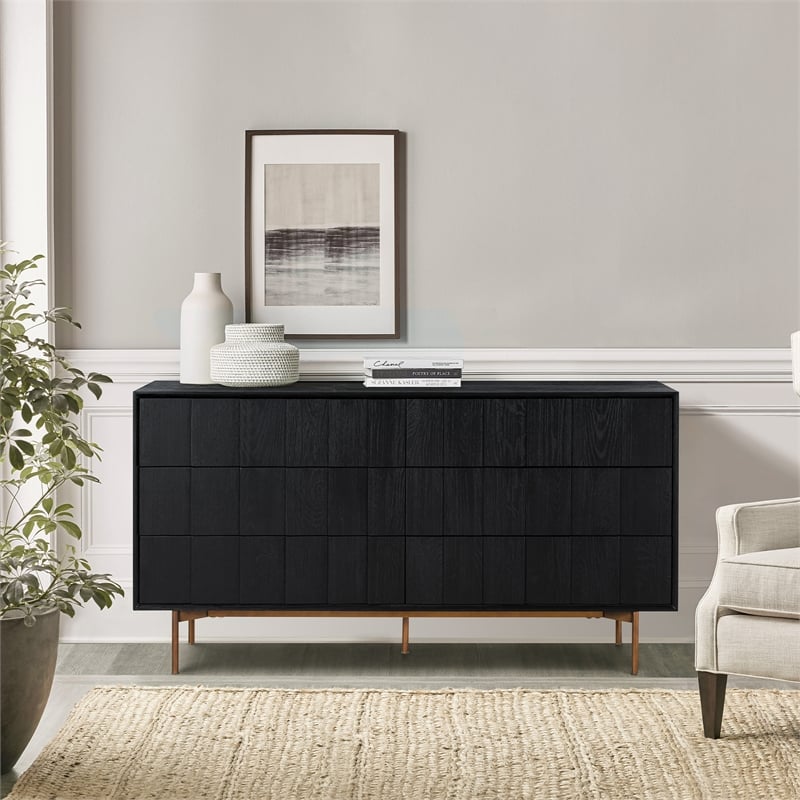 Armen Living Carnaby 6-Drawer Modern Wood Dresser in Black Brushed Oak/Brown