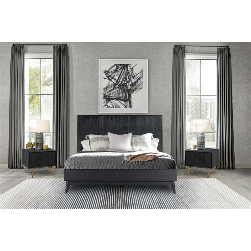 Armen Living Carnaby Wood Queen Platform Bed Frame in Black Brushed Oak Wood
