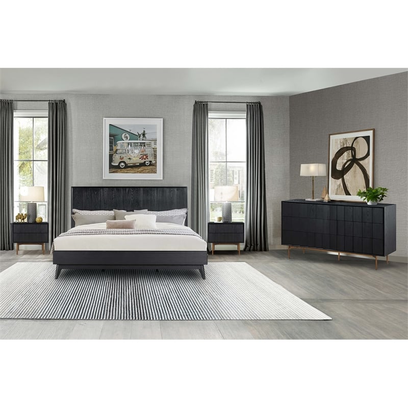 Armen Living Carnaby Wood King Platform Bed Frame in Black Brushed Oak