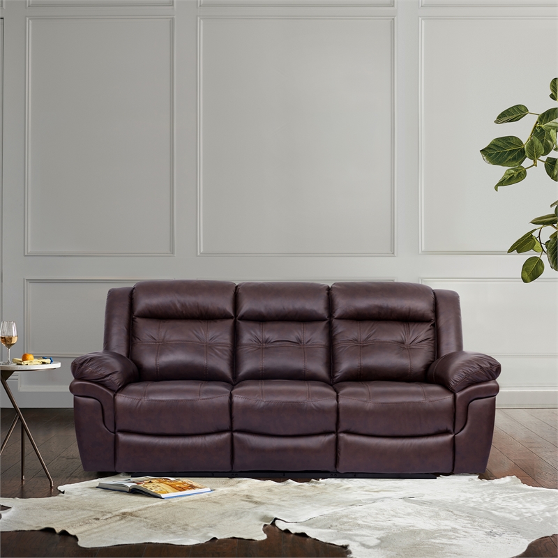 Armen Living Marcel Modern Leather Manual Reclining Sofa in Dark Brown