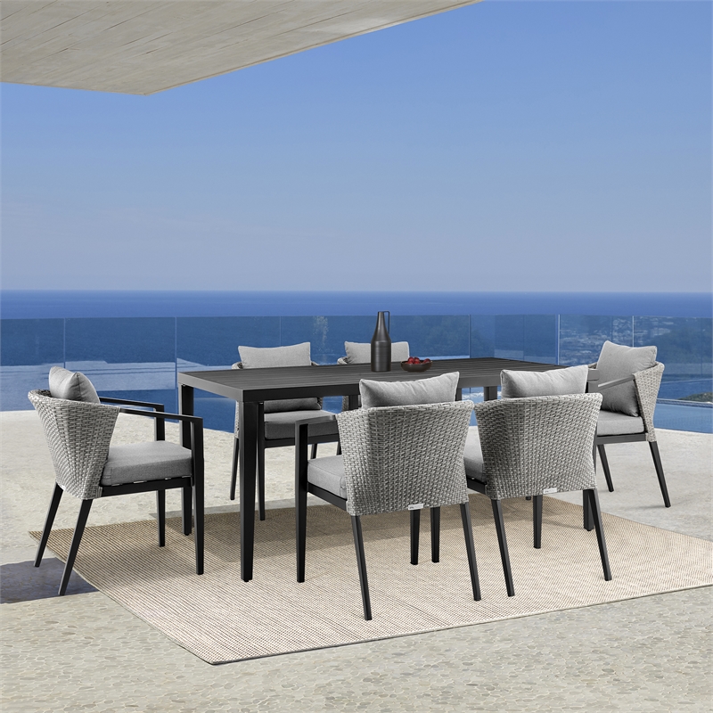 Armen Living Aileen 7-Piece Wicker / Rattan Outdoor Dining Table Set in Black