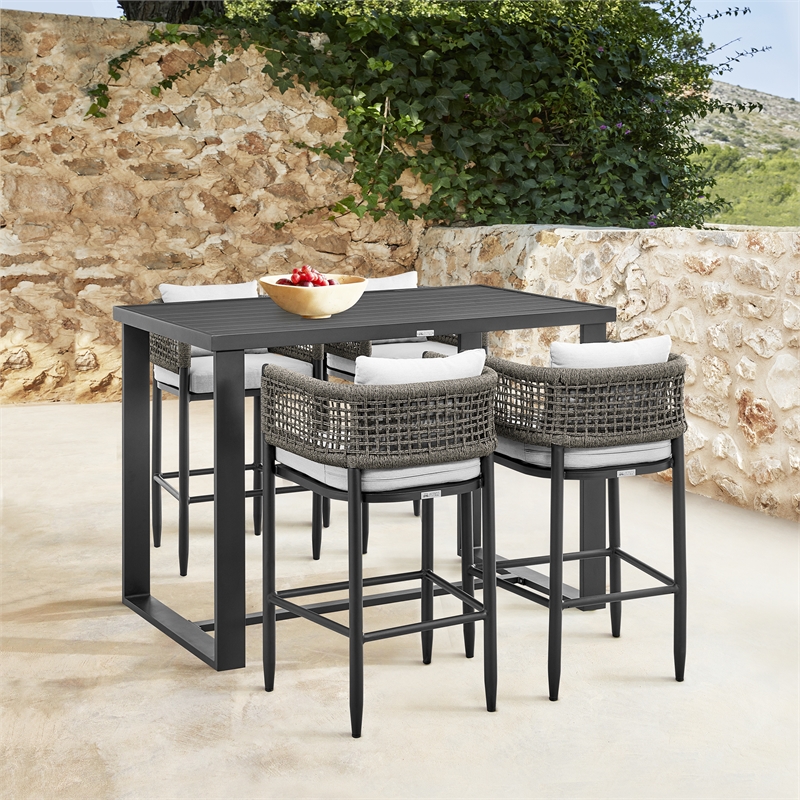 Armen Living Felicia 5-Piece Modern Aluminum Patio Bar Table Set in Black/Gray