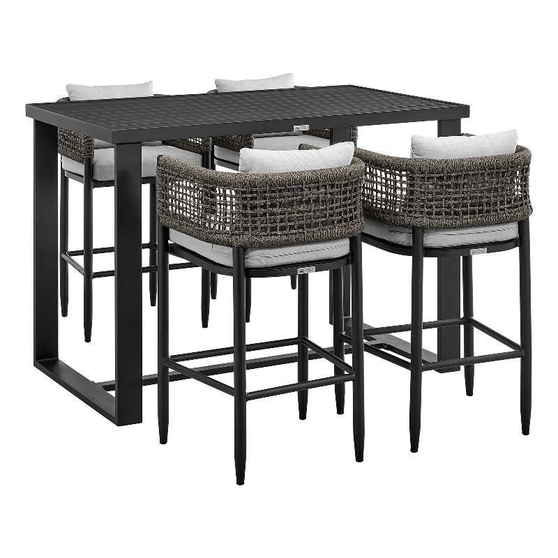 Armen Living Felicia 5-Piece Modern Aluminum Patio Bar Table Set in Black/Gray