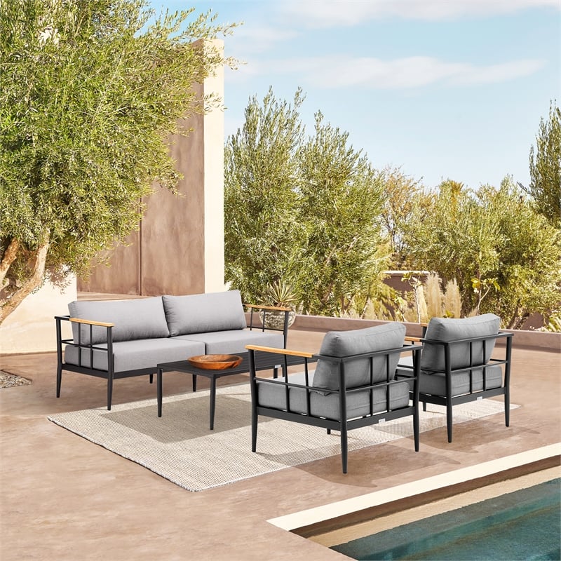 Armen Living Shari 4-Piece Aluminum Patio Lounge Set in Black/Gray