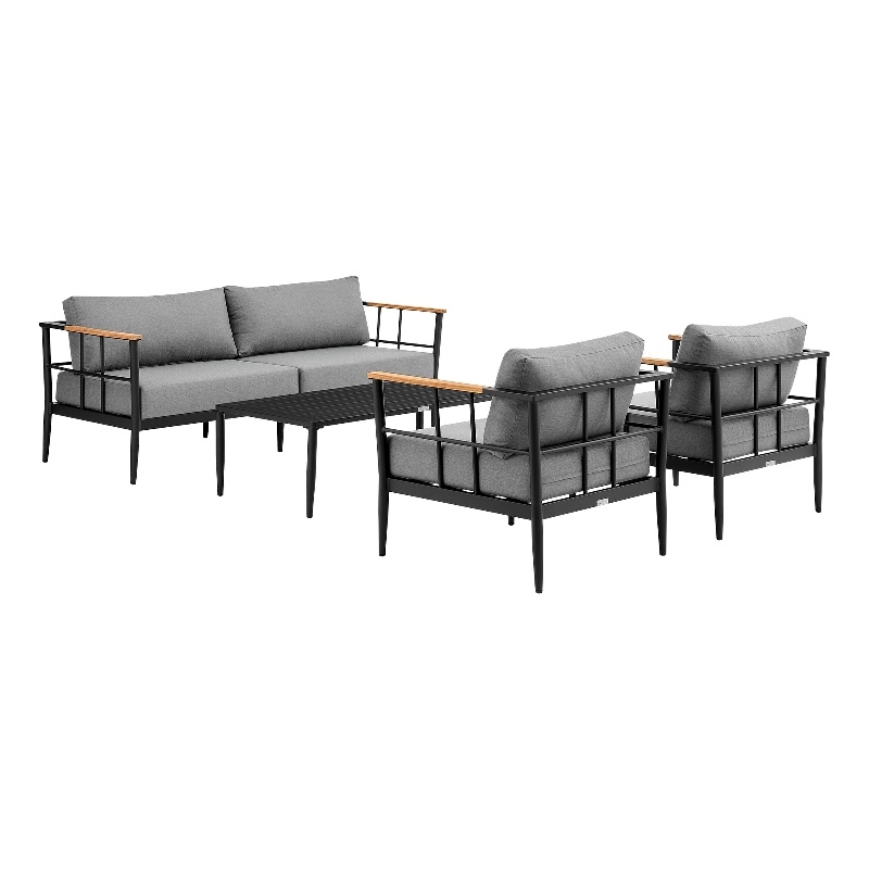 Armen Living Shari 4-Piece Aluminum Patio Lounge Set in Black/Gray
