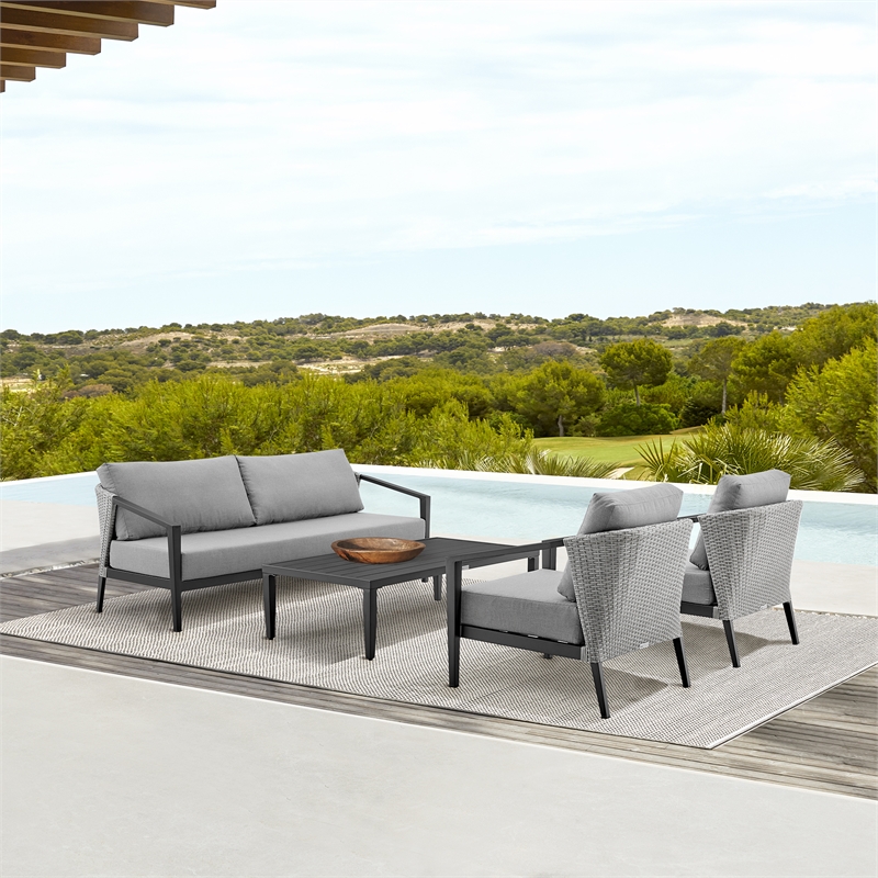 Armen Living Aileen 4-Piece Aluminum & Fabric Patio Lounge Set in Black/Gray