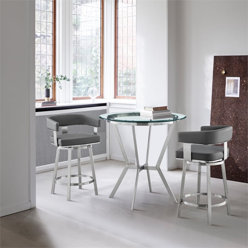 Armen Living Naomi and Lorin 3PC Stainless Steel Counter Dining Set in Silver
