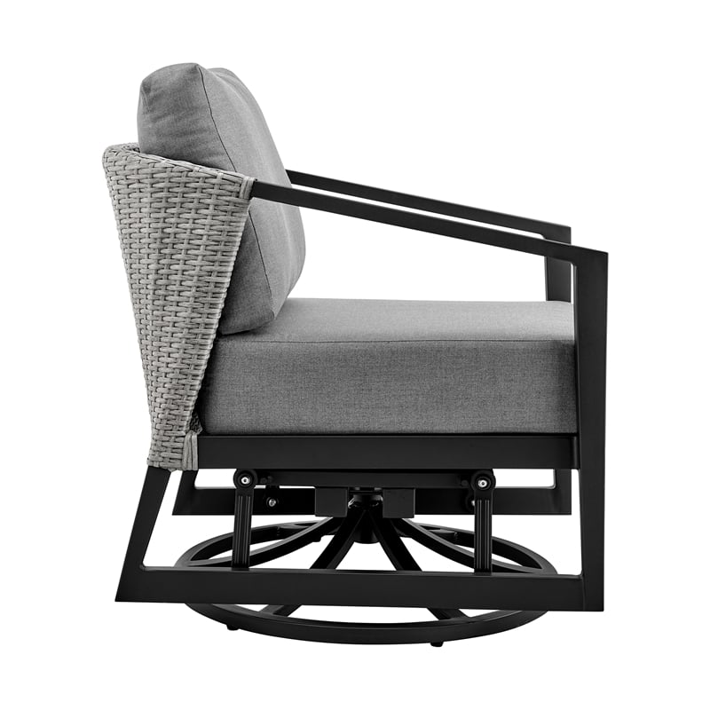 Armen Living Aileen Fabric/Rattan Patio Swivel Lounge Chair in Black/Gray
