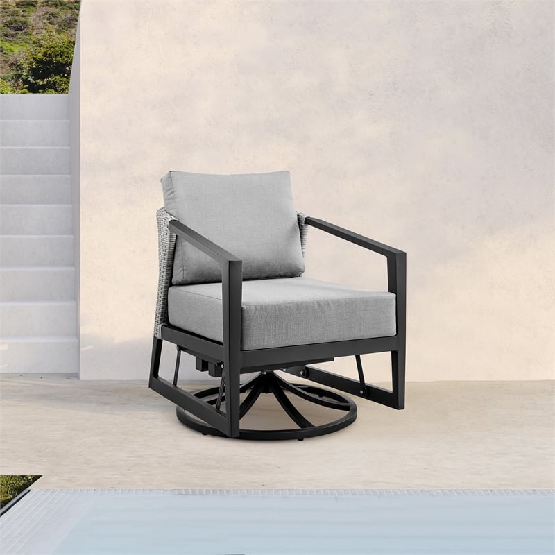 Armen Living Aileen Fabric/Rattan Patio Swivel Lounge Chair in Black/Gray