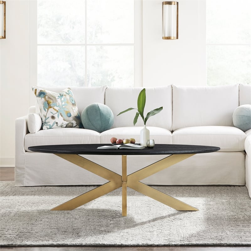 Armen Living Lombard Oval Modern Wood Coffee Table in Black/Brushed Oak
