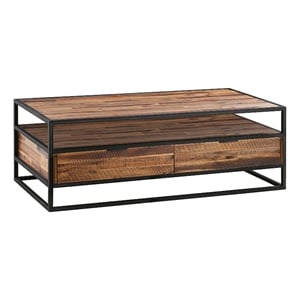 Ludgate Rectangle Coffee Table with Shelf in Acacia and Black Metal