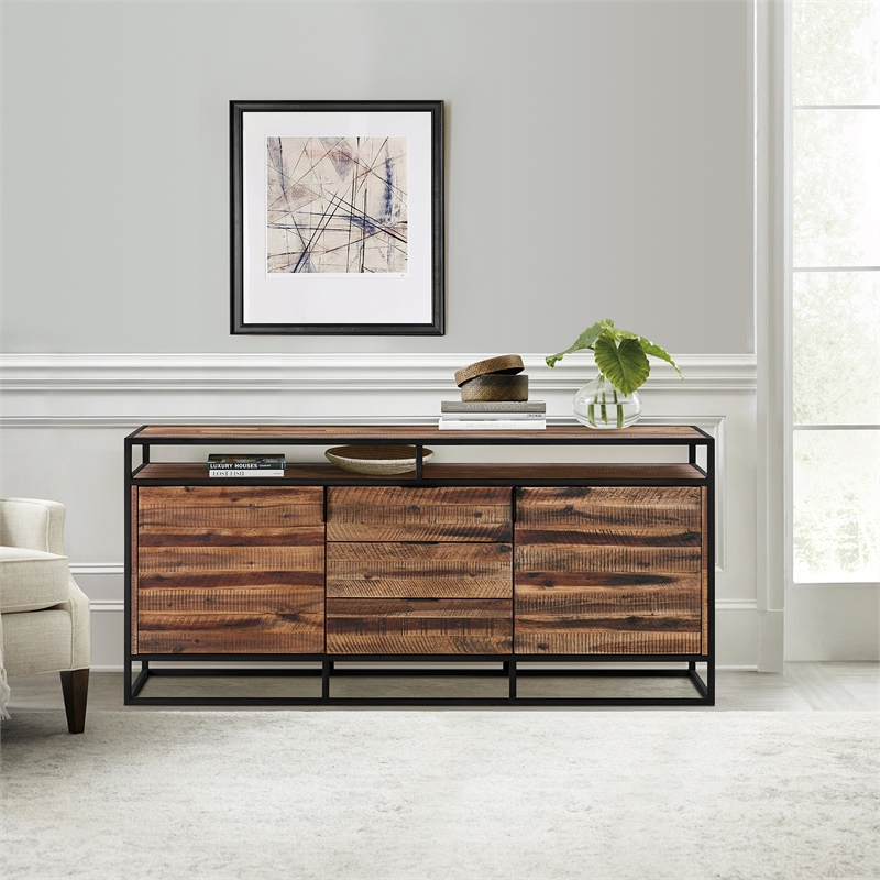 Armen Living Ludgate 3-Drawer Wood/Metal Sideboard Buffet in Brown/Black