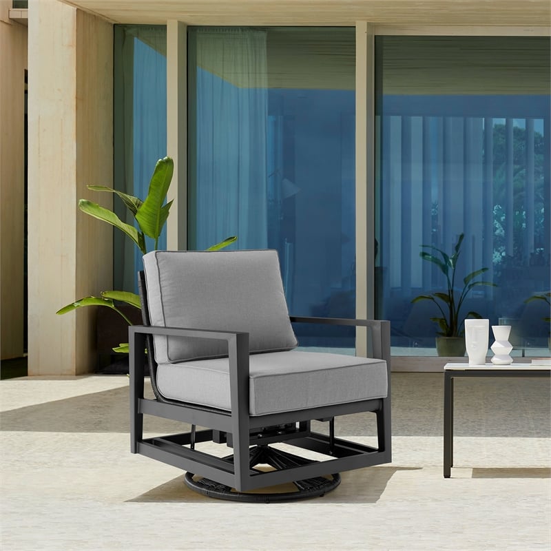 Armen Living Grand Outdoor Fabric & Metal Swivel Glider Chair in Dark Gray/Black
